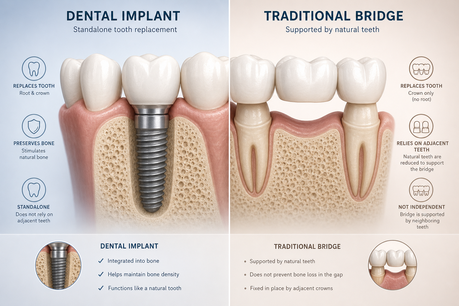 Comparing implants and bridges for tooth replacement at The Dental Roots