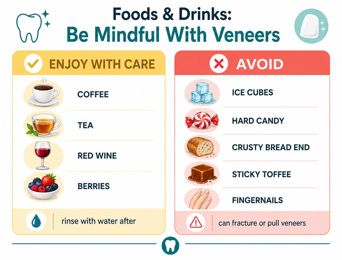Infographic showing foods and drinks to enjoy with care and to avoid with veneers