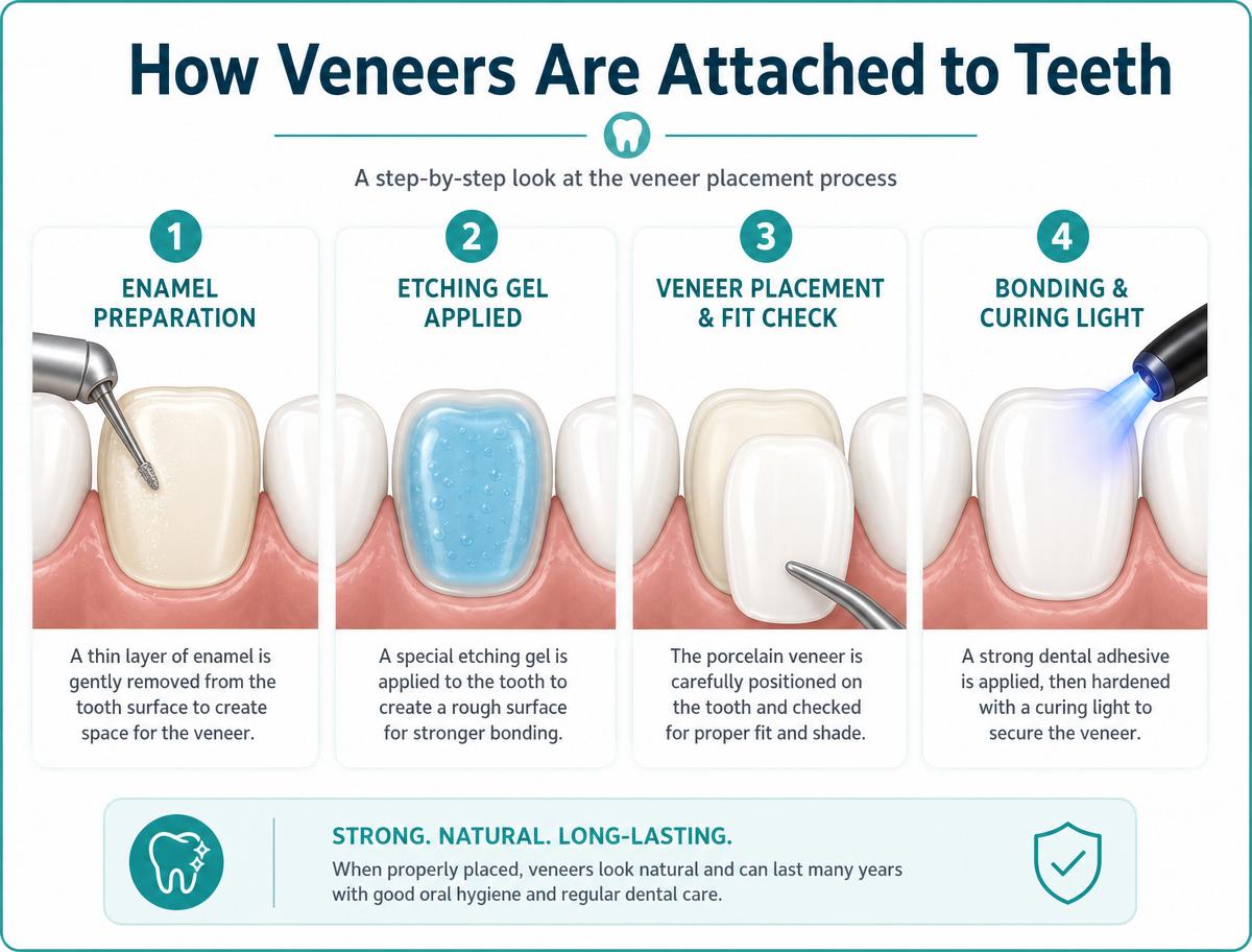 Infographic showing the four-step process of attaching dental veneers to teeth