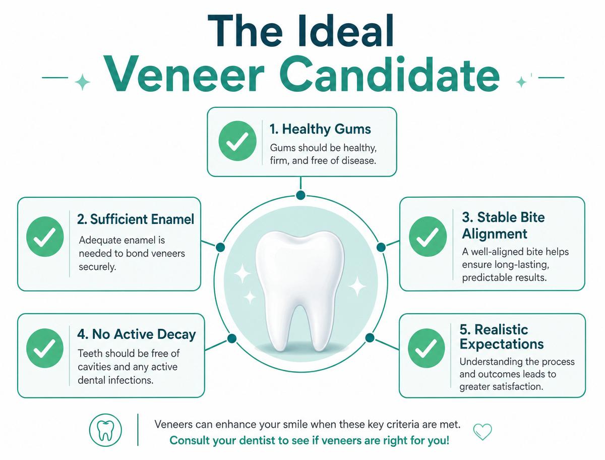 Chart showing the five key criteria for an ideal dental veneer candidate