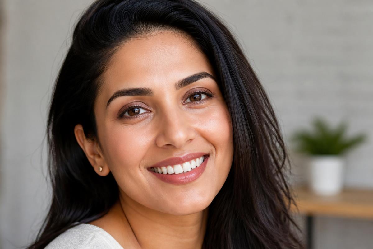 Woman smiling with natural-looking porcelain veneers