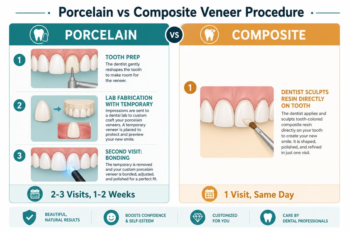 Side-by-side infographic comparing porcelain veneer and composite veneer procedures