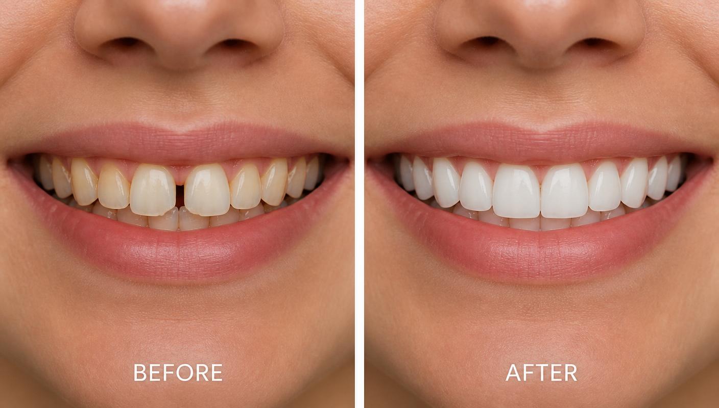 Before-and-after image showing veneers correcting a chip, gap and staining in a single smile