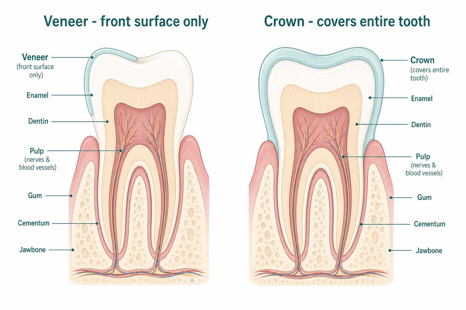 Side by side cross-section diagram showing a veneer on the front of a tooth and a crown covering the entire tooth